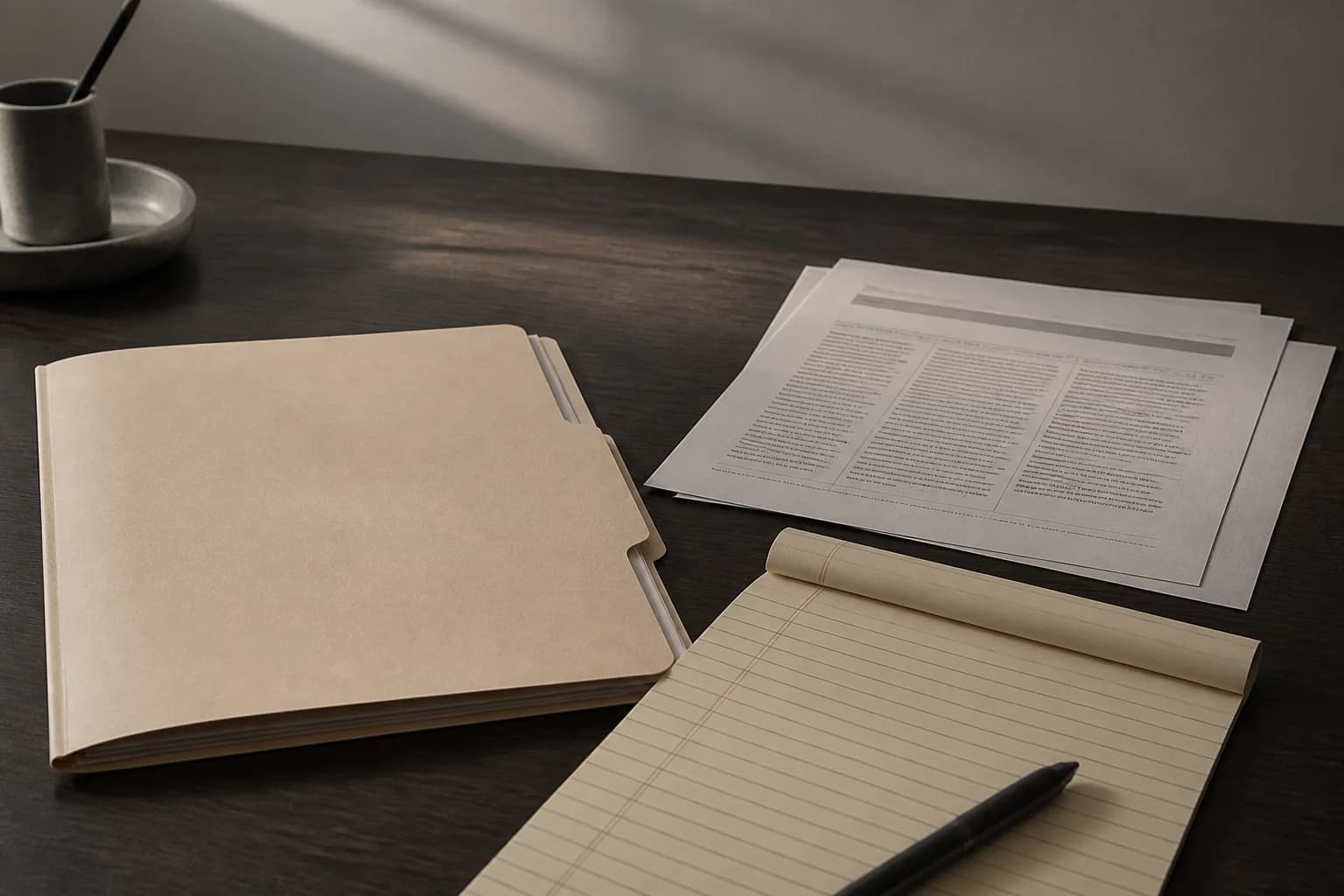 Zinc editorial still life of a closed deal folder, a notepad, and a printed term sheet, no type on the cover