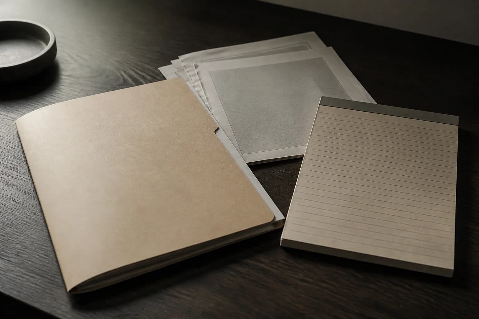 Zinc editorial still life of a closed deal folder, a short printed memo, and a pencil, no type on the cover